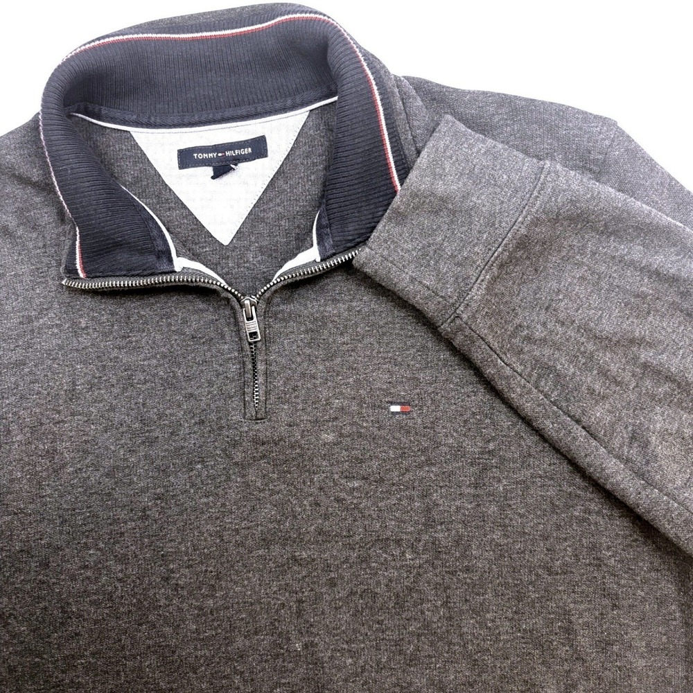 Tommy Hilfiger Mens Quarter Zip‎ Pullover Sweater Gray Large Mock Neck Flag Logo